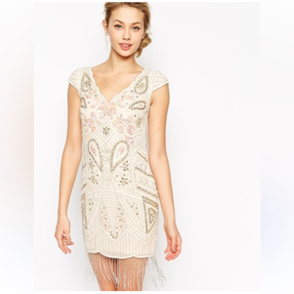 ASOS Frock and Frill Embellished Shift Dress Tassel Hem nude 12